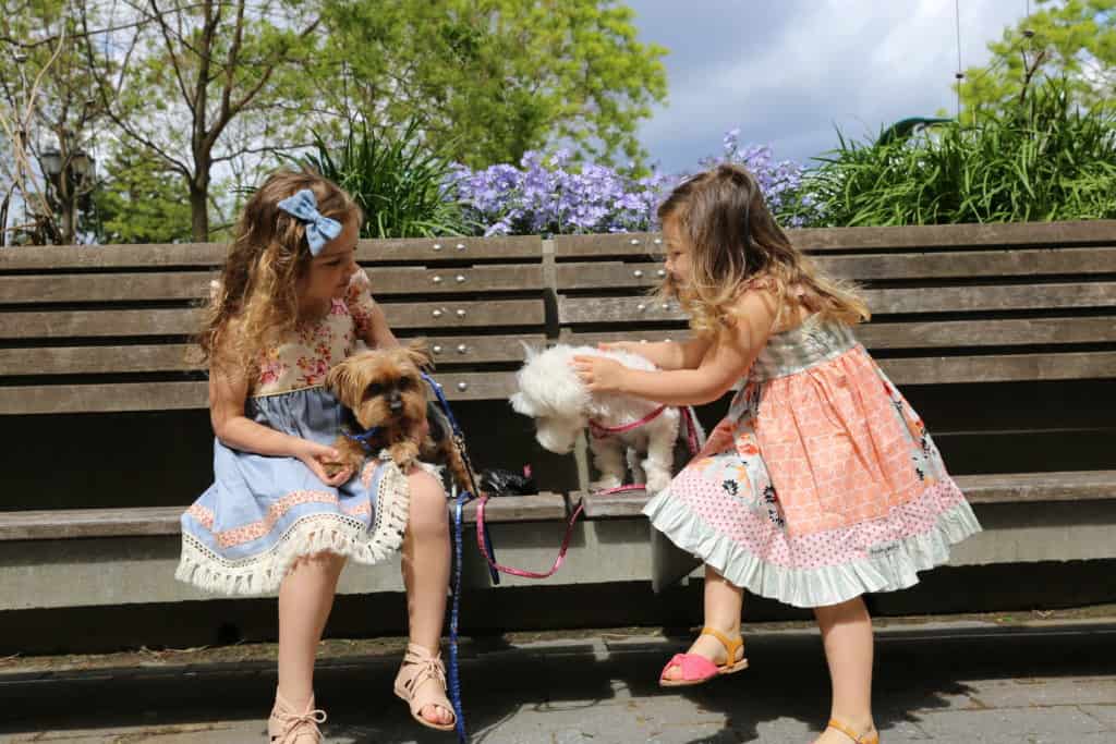 Two girls playing with their dogs
