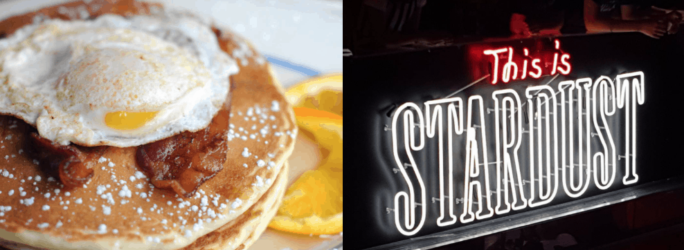 NYC Ellen's Stardust neon light-up broadway sign next to a stack of their buttermilk pancakes slathered in butter