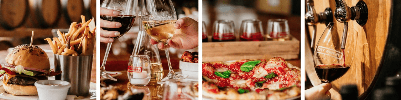 Collage of the food and drink options at City Winery featuring pizza and red wine