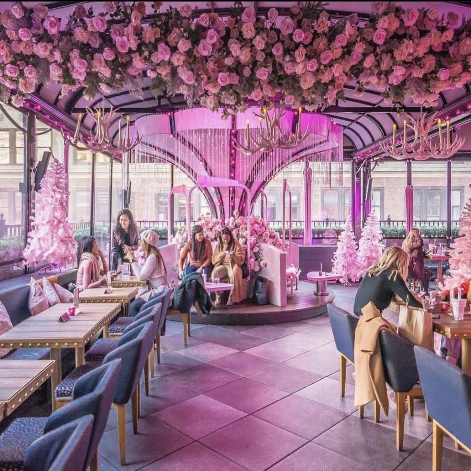 The Times Square Moxy's rooftop winter pink decorations 