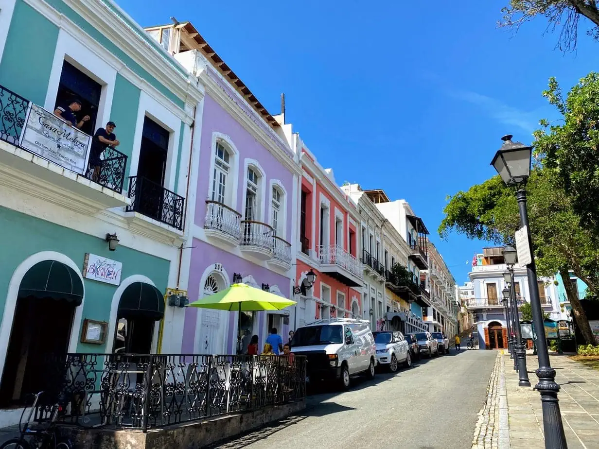 Pastel colorful buildings lining streets in San Juan 