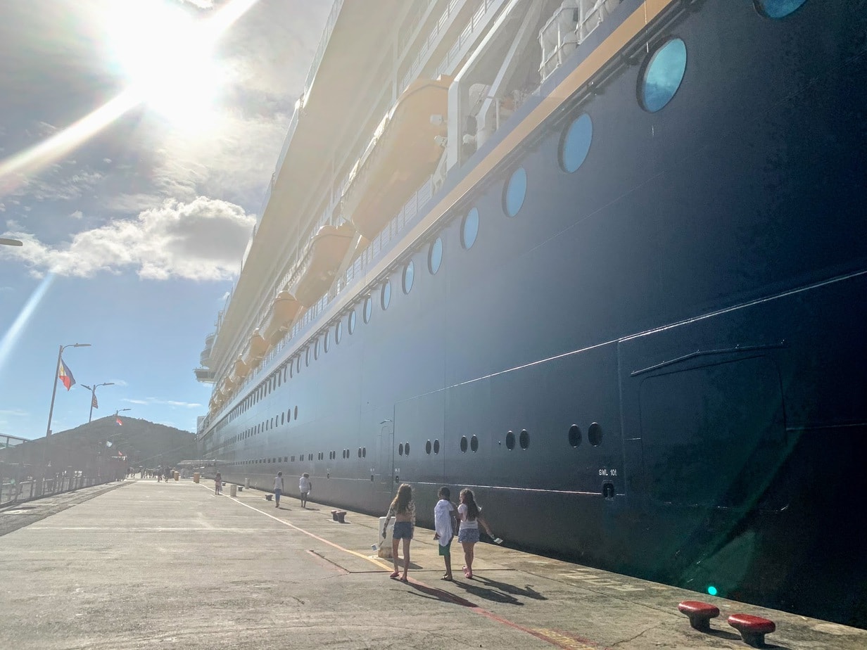 Kids walking on port of cruise ship