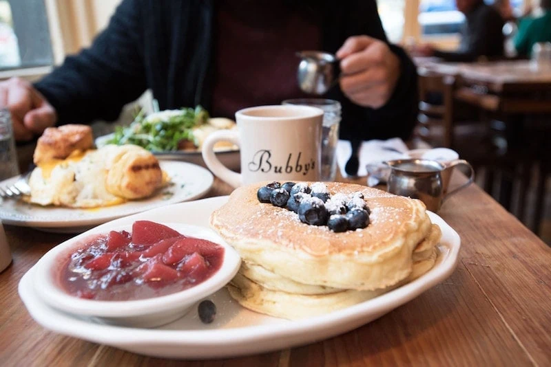 NYC best fall restaurant Bubby's table with blueberry pancakes a coffee mug, scones etc.