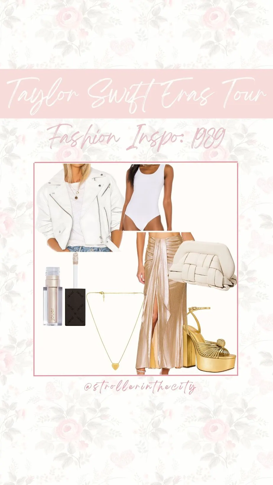 Concert outfit inspired by Taylor Swifts "1989" era featuring gold maxi skirt and white leather jacket