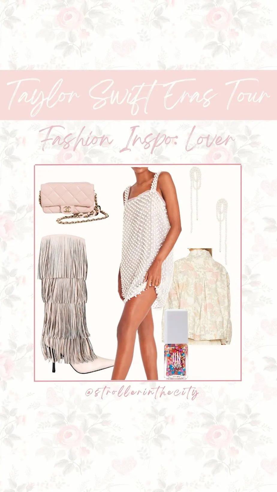 Concert outfit inspired by Taylor Swift's "Lover" Era featuring a white mini dress and dangle sequin earrings