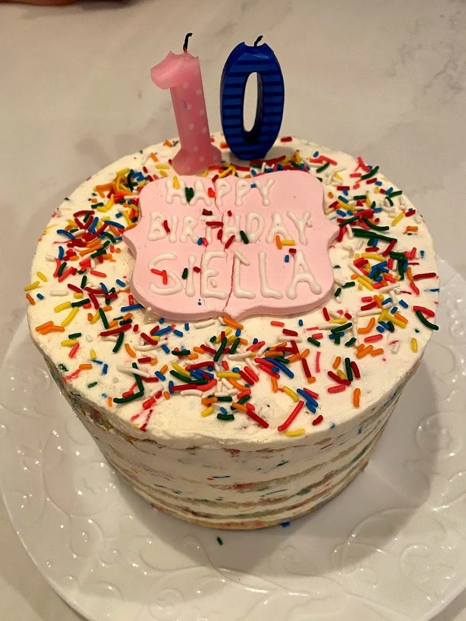 Daughter's 10th birthday cake with rainbow sprinkles