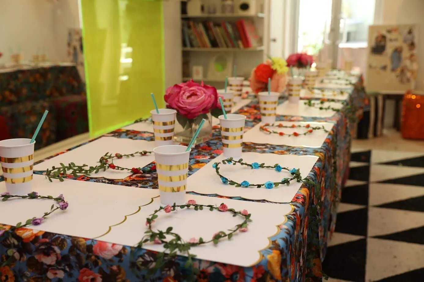 Table decorated for young girl's birthday party with florals