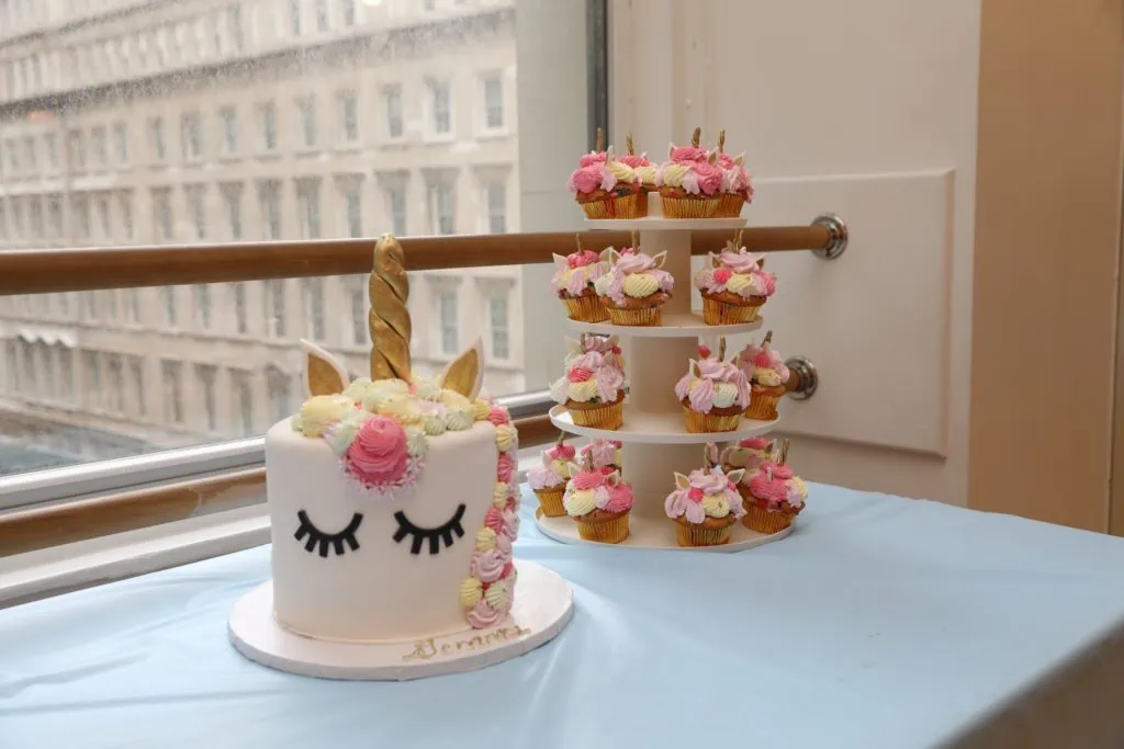 Unicorn cake and cupcakes for daughter's birthday party in NYC