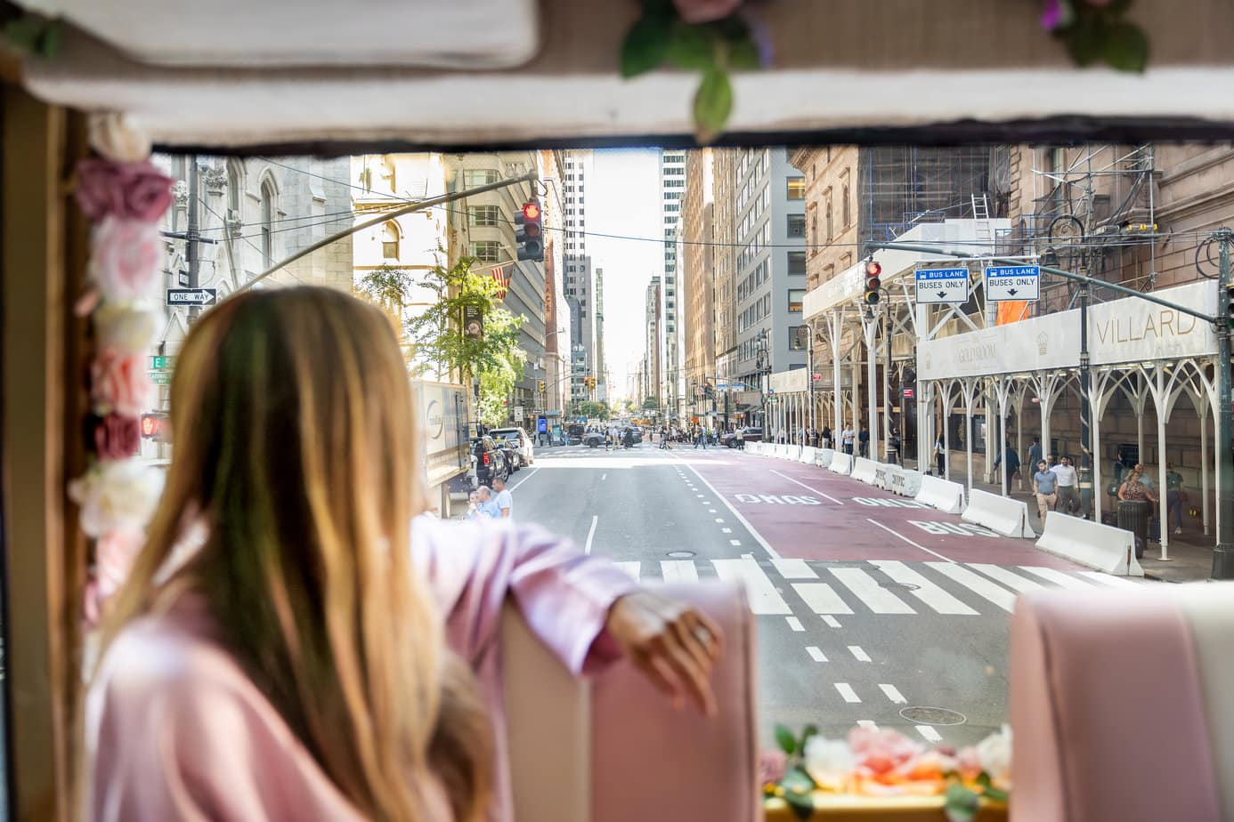 Beautiful view of NYC streets from the back window of the Tea Around Town bus during high tea