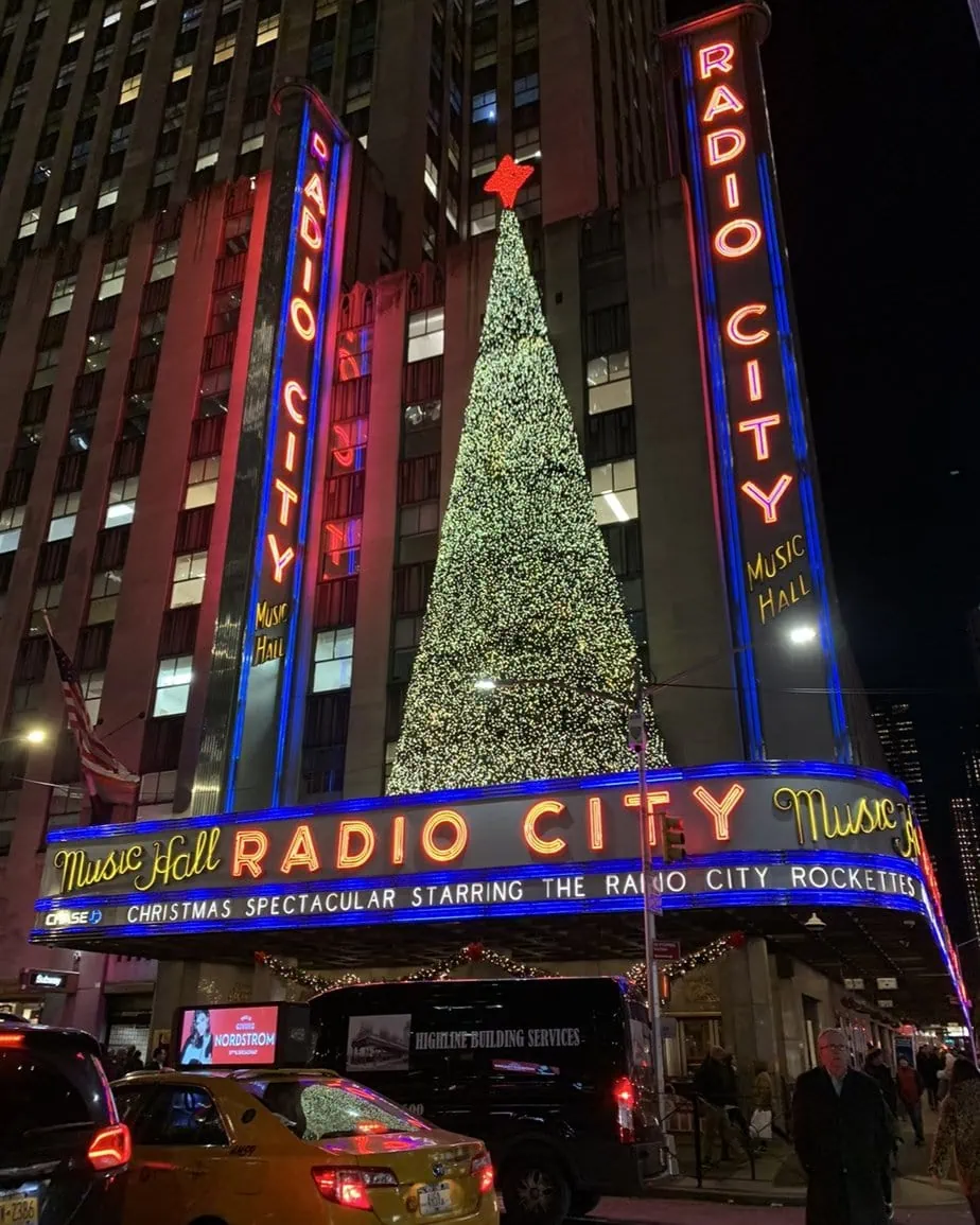 NYC Radio City Music Hall decorated for the holidays with a light-up Christmas Tree 